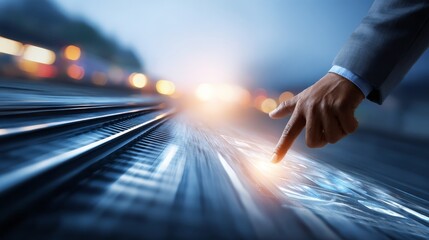 Focused businessman points towards growth, strategy, and success in corporate setting