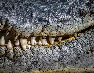 Fototapeta premium A detailed close-up of a crocodile's powerful jaw, showcasing its sharp teeth and intricate scaly skin texture. Emphasizes the raw power and reptilian detail.