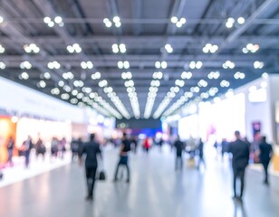 Abstract blurred background of a bustling exhibition hall or modern convention center with people walking and bright bokeh lights. Busy blurred scene of people and lights in a modern exhibition hall.