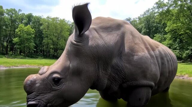 A large rhinoceros stands in a pond, partially submerged, its thick skin visible