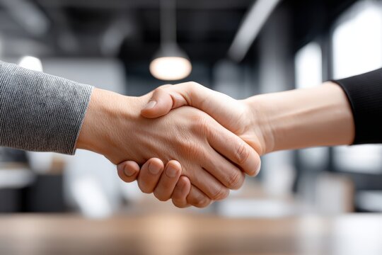 Professional business handshake in modern office setting symbolizing successful corporate partnership and collaboration - Powered by Adobe