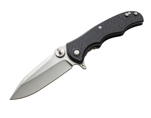 Fototapeta premium A sharp, modern folding knife with a polished silver blade and a textured black handle, designed for versatile outdoor utility and practical everyday carry, isolated.