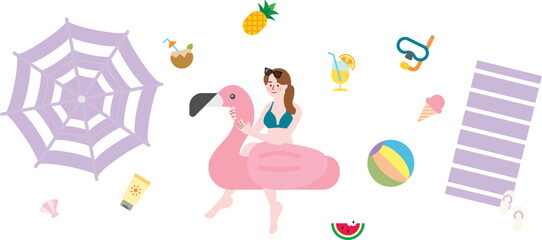 Summer Girl Riding Flamingo Float with Beach Accessories