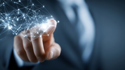 Businessman connecting global network lines, symbolizing innovation, strategy, and partnership for sustainable growth