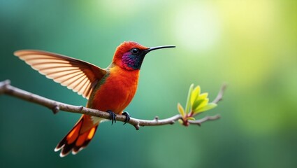 Fototapeta premium A vibrant hummingbird in flight, perched on a branch.