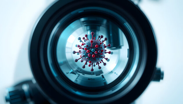 Zoomed-in view through microscope lens showing a stylized virus particle, crisp-edged vector illustration in bold colors on a pure white background, ideal for medical and scientific visuals