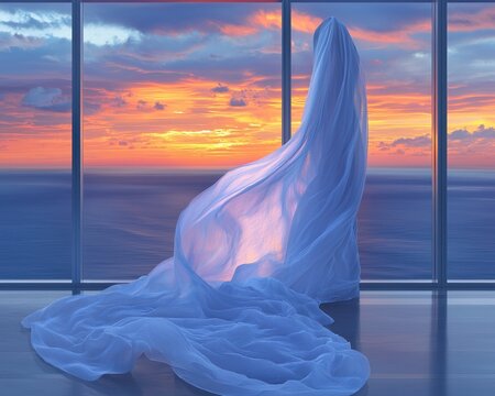 Fototapeta A sheer, light blue fabric billows dramatically against a vibrant sunset over the ocean, seen through expansive windows