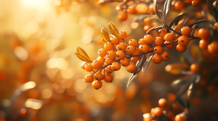 Orange sea buckthorn berries growing along curved thin branches