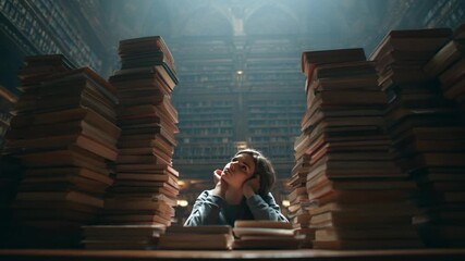 Literary Reverie: A young reader is surrounded by a sea of literary knowledge, with towering stacks of antique volumes that inspire a sense of wonder and learning. 