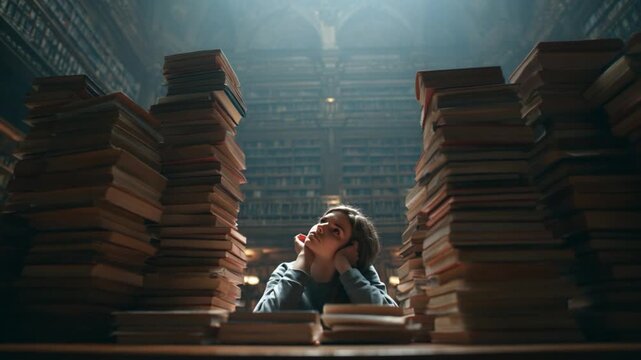 Literary Reverie: A young reader is surrounded by a sea of literary knowledge, with towering stacks of antique volumes that inspire a sense of wonder and learning. 