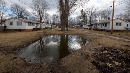 Fototapeta premium Puddle reflecting cloudy sky in a residential street