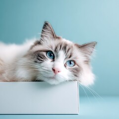 A cat is lying next to an empty box that can later be used to place a brand.