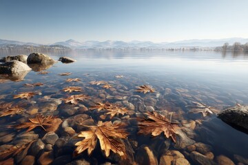 Obraz premium Idyllic Lakeside Landscape with Autumn Leaves Floating on Crystal-Clear Water and Majestic Mountains under a Blue Sky