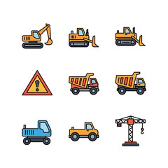 A colorful icon set of construction vehicles and equipment, including an excavator, bulldozer, dump truck, and crane.