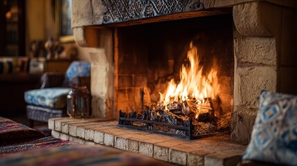 A cozy fireplace with flames dancing, creating a warm atmosphere in a rustic living room setting.