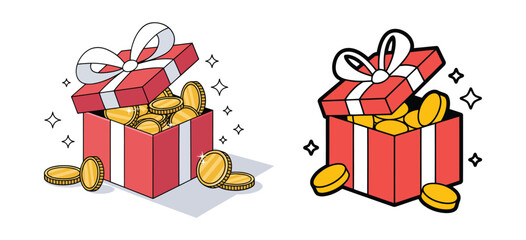 Red gift box overflowing with shiny gold coins and white ribbon vector