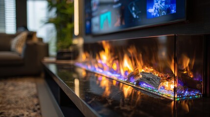 Obraz premium A cozy, modern living room featuring a stunning electric fireplace with vibrant flames and colorful accents.