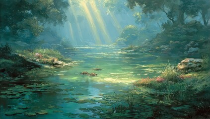 Sunlit forest stream, tranquil water