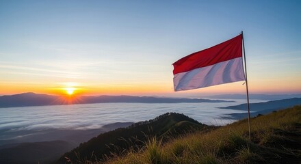 National flag over sunrise mountain landscape