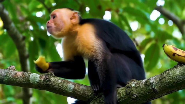 A white-faced capuchin monkey sits on a branch, eating a banana, amidst lush green foliage