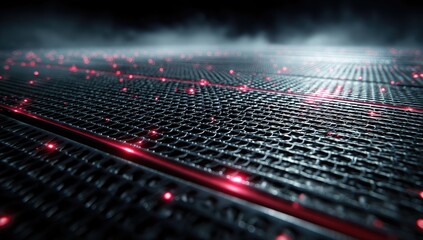 Dark metallic grid surface with glowing red lines and points