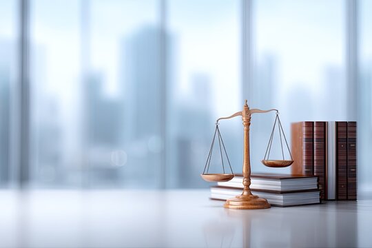 Scales of justice on a desk, blurred city view - Powered by Adobe
