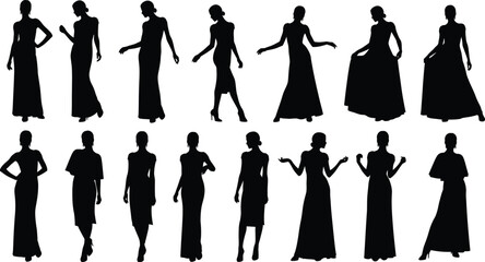 Collection of elegant woman silhouettes in various poses and dresses, showcasing fashion, style, and beauty in a variety of formal and evening wear