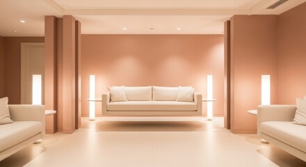 Discover serene living with this elegant minimalist interior, ideal for showcasing modern design, peaceful relaxation, or stylish home decor in a calming, blush-toned atmosphere