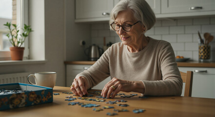 An elderly woman wearing glasses concentrates intently as she carefully places puzzle pieces on a wooden table in a bright kitchen