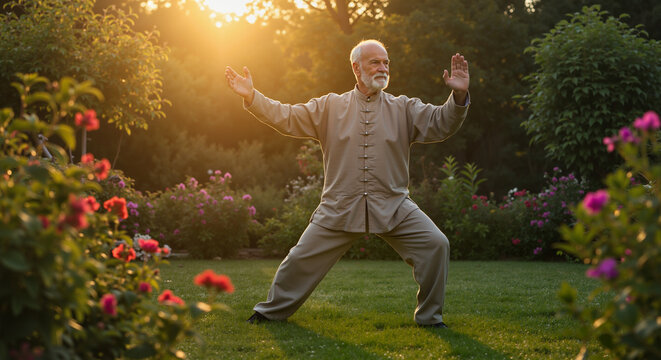 Elderly man peacefully practicing Tai Chi in a lush garden during a golden sunset surrounded by blooming flowers and greenery