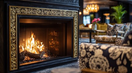 Fototapeta premium Cozy living space with a warm fireplace, featuring elegant furniture and a welcoming ambiance.