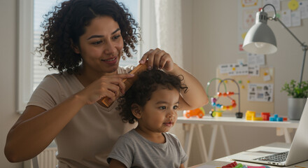 Young mother is combing her daughter's hair while working on her laptop at home during the day