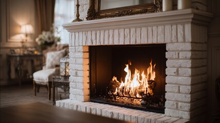 Cozy living room featuring a warm fireplace, inviting atmosphere with elegant decor and soft lighting.