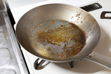 調理した後の油汚れが付いた鉄フライパン