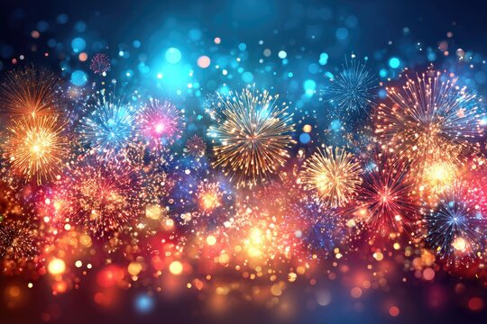 Fireworks burst in vibrant colors against a backdrop of glowing lights