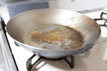 調理した後の油汚れが付いた鉄フライパン