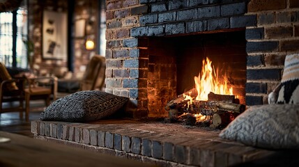 A warm and inviting fireplace with crackling flames, surrounded by cozy decor in a rustic setting.