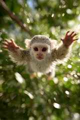 Obraz premium Squirrel Monkey Reaching Out, Focused on Connection, Captured From Below in Lush Foliage