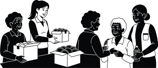 Illustration of volunteers helping seniors with food donations, showcasing community service and support for the elderly, emphasizing compassion and generosity