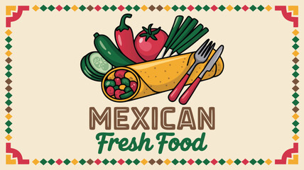 Obraz premium Cartoon Burrito with Fresh Vegetables and Cutlery Framed by a Colorful Festive Border