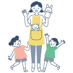 パペットを持つ保育士と子供たち