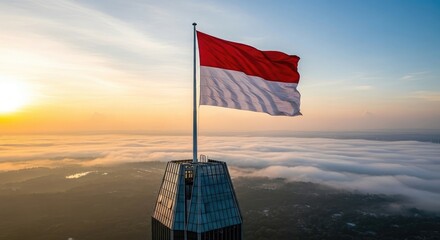 National flag waving over cityscape