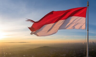 National flag waving over cityscape at sunrise