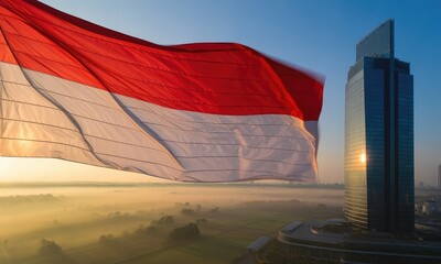 National flag waving over cityscape at sunrise