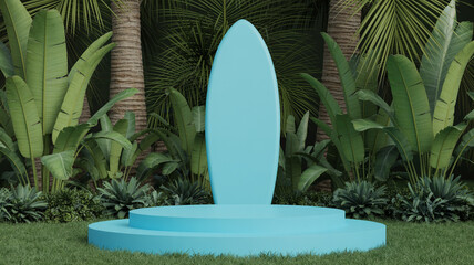 3d rendering of a blue surfboard on a tropical podium surrounded by lush green foliage