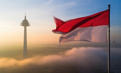 National flag waving over foggy cityscape
