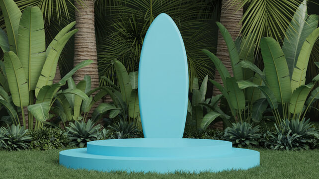3d rendering of a blue surfboard on a tropical podium surrounded by lush green foliage
