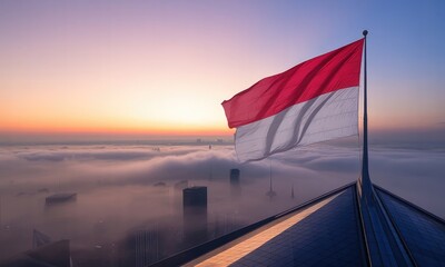 National flag waving over misty city sunrise