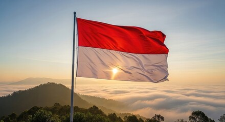 National flag waving over misty hills