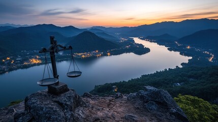 An old balance scale sits on a rocky mountain peak overlooking a winding river valley and distant town lights at dusk